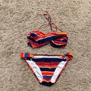 Shoshanna Swimwear Striped Bikini Swimsuit Blue Orange Red Large